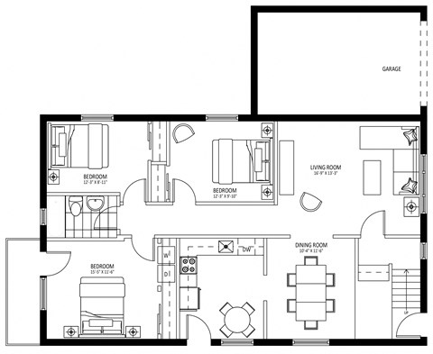 Floor plan for 3 beds, 1 bath, 1000 sqft